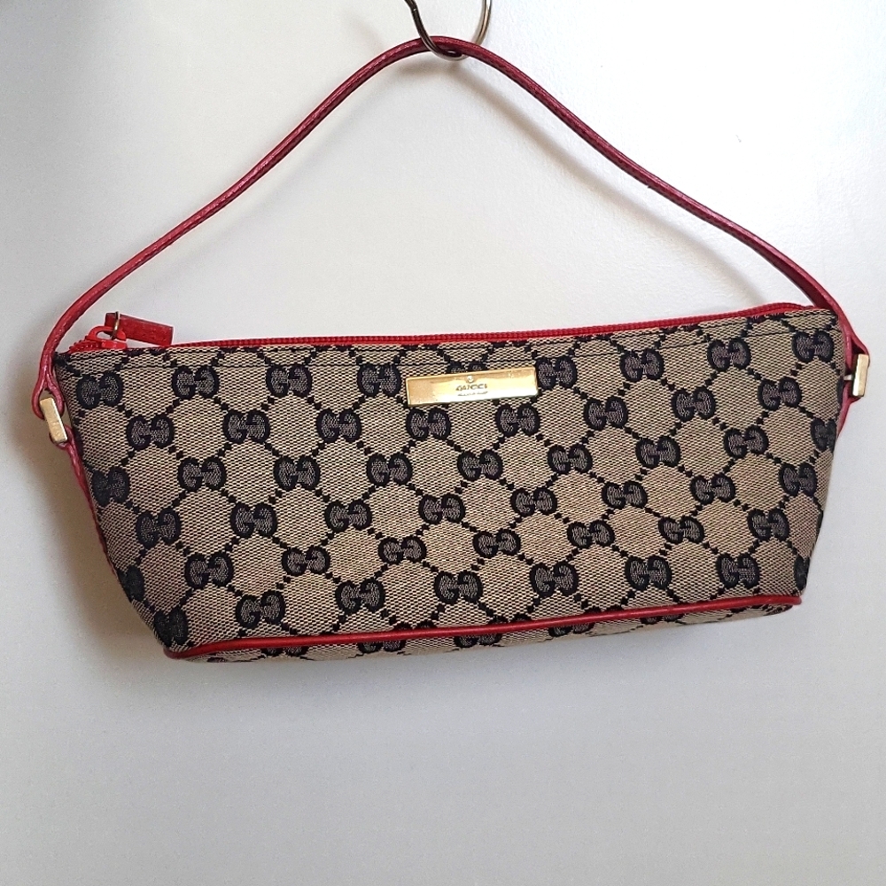 Gucci GG Monogram Boat Pochette Grey - Beige & Red
